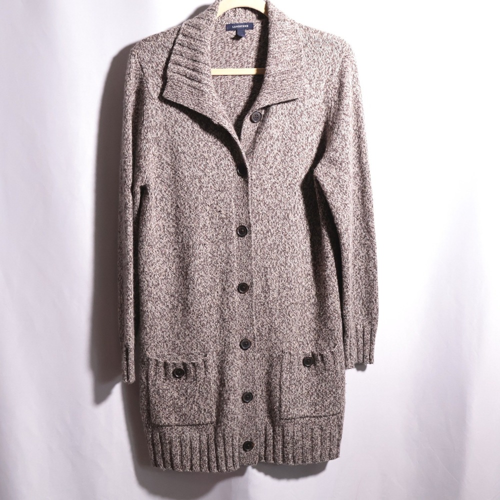 Lands End Long Button Up Wool Cashmere Cardigan L Neutral Heritage Minimalist